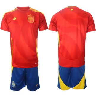 Moški Nogometni dresi Španija Domači Euro 2024 rdeča Kratek Rokav + modra Kratke hlače