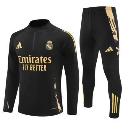 Moški Real Madrid Sweatshirt Za Trening dresi kompleti 1/4 Zip Črna Gold